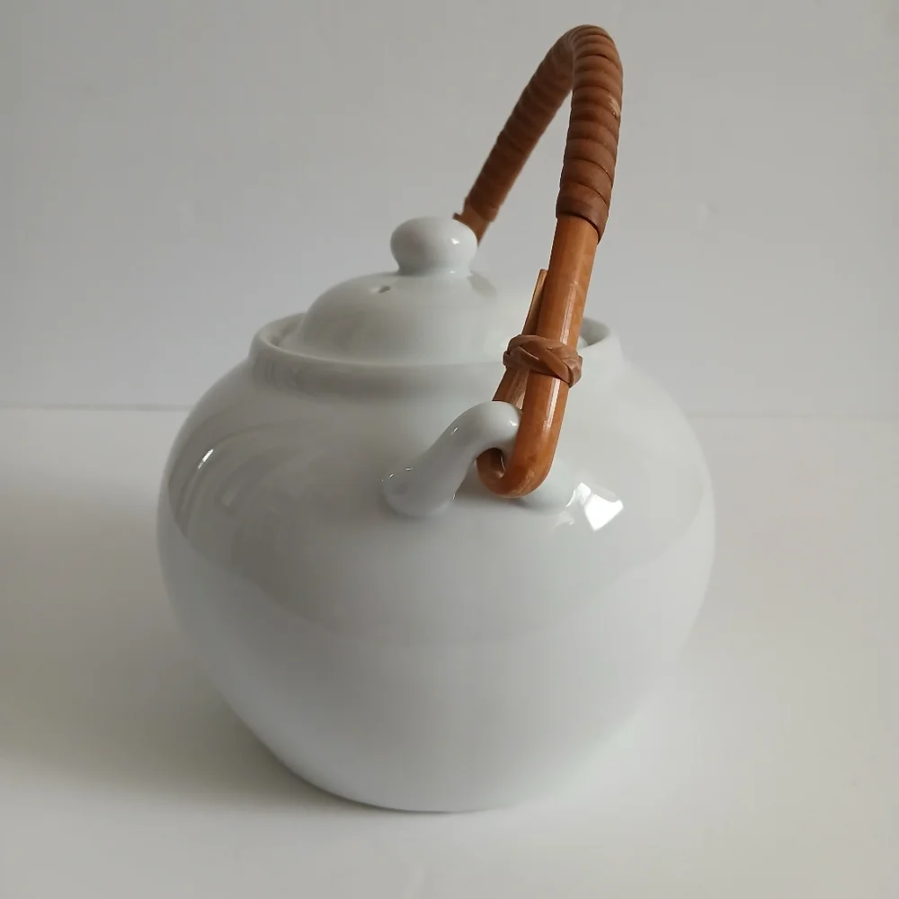 Pier 1 White Tea Set Boho Rafia Handle Asian Cottage